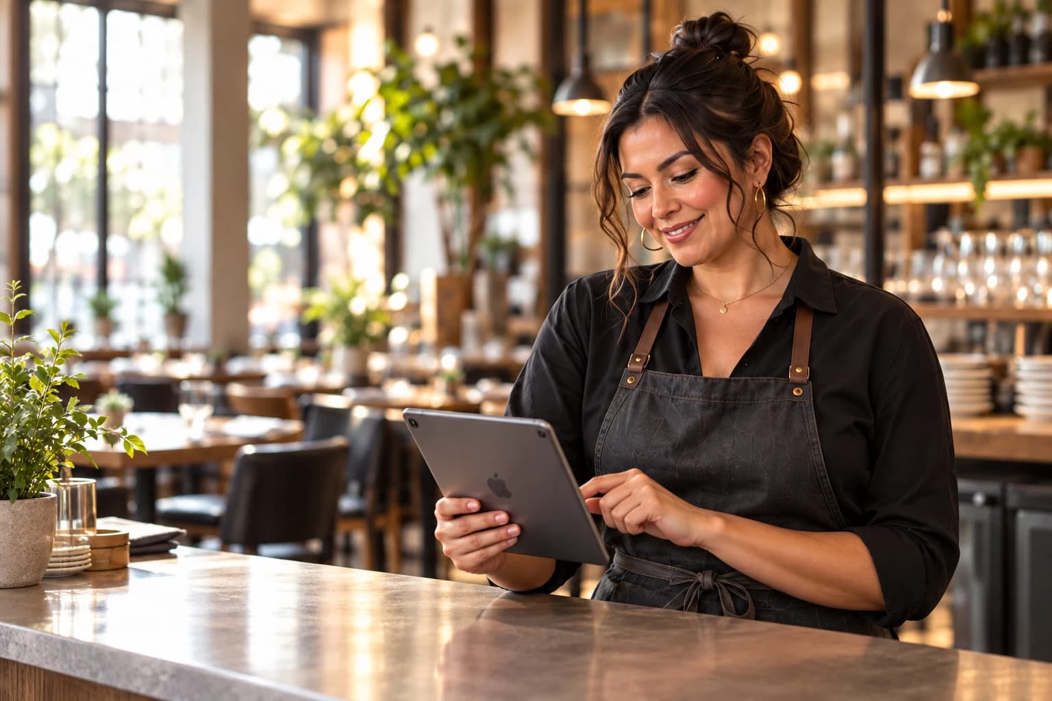 Restaurant owner holding a compact tablet beside the counter