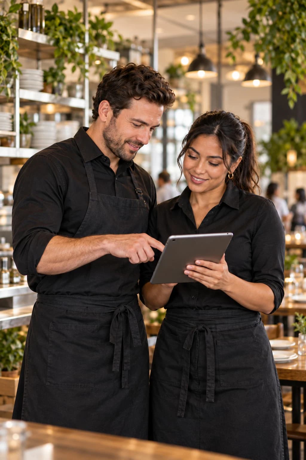Two restaurant team members reviewing an order on a compact tablet