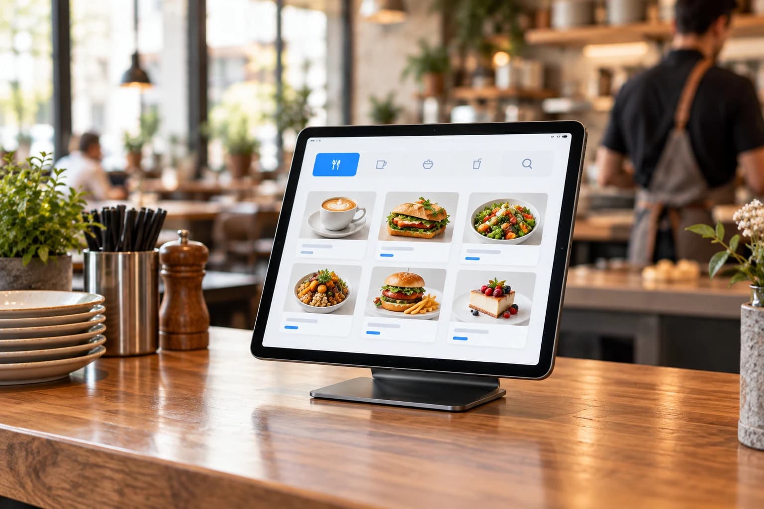 Slim tablet on a low stand at a restaurant counter