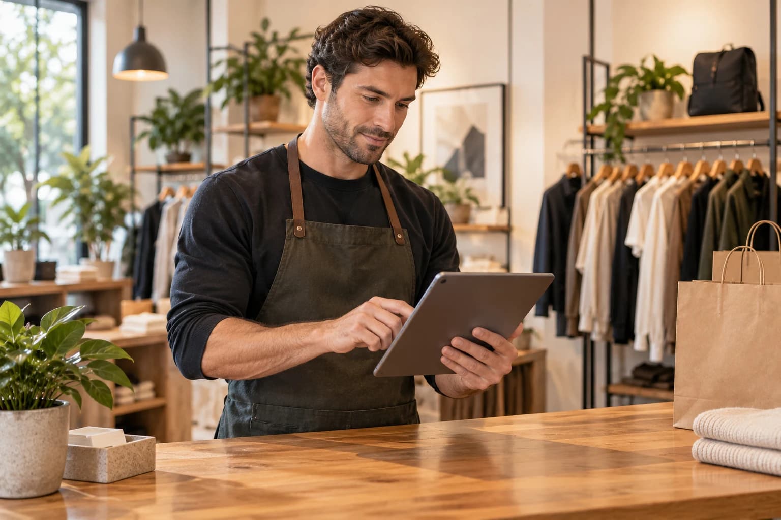 Shop owner using a tablet in a clothing store
