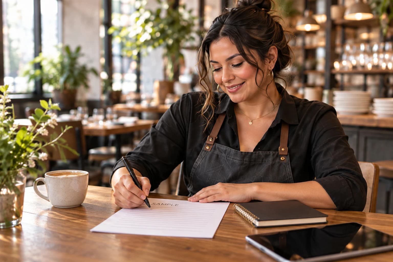Business owner reviewing a sample statement beside a tablet and notebook