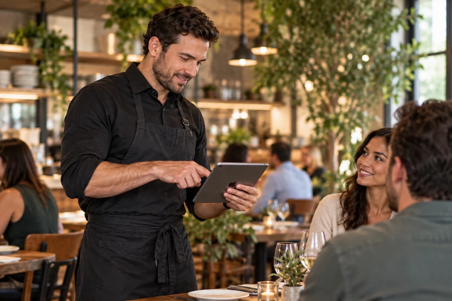 Server using a handheld tablet beside a restaurant table