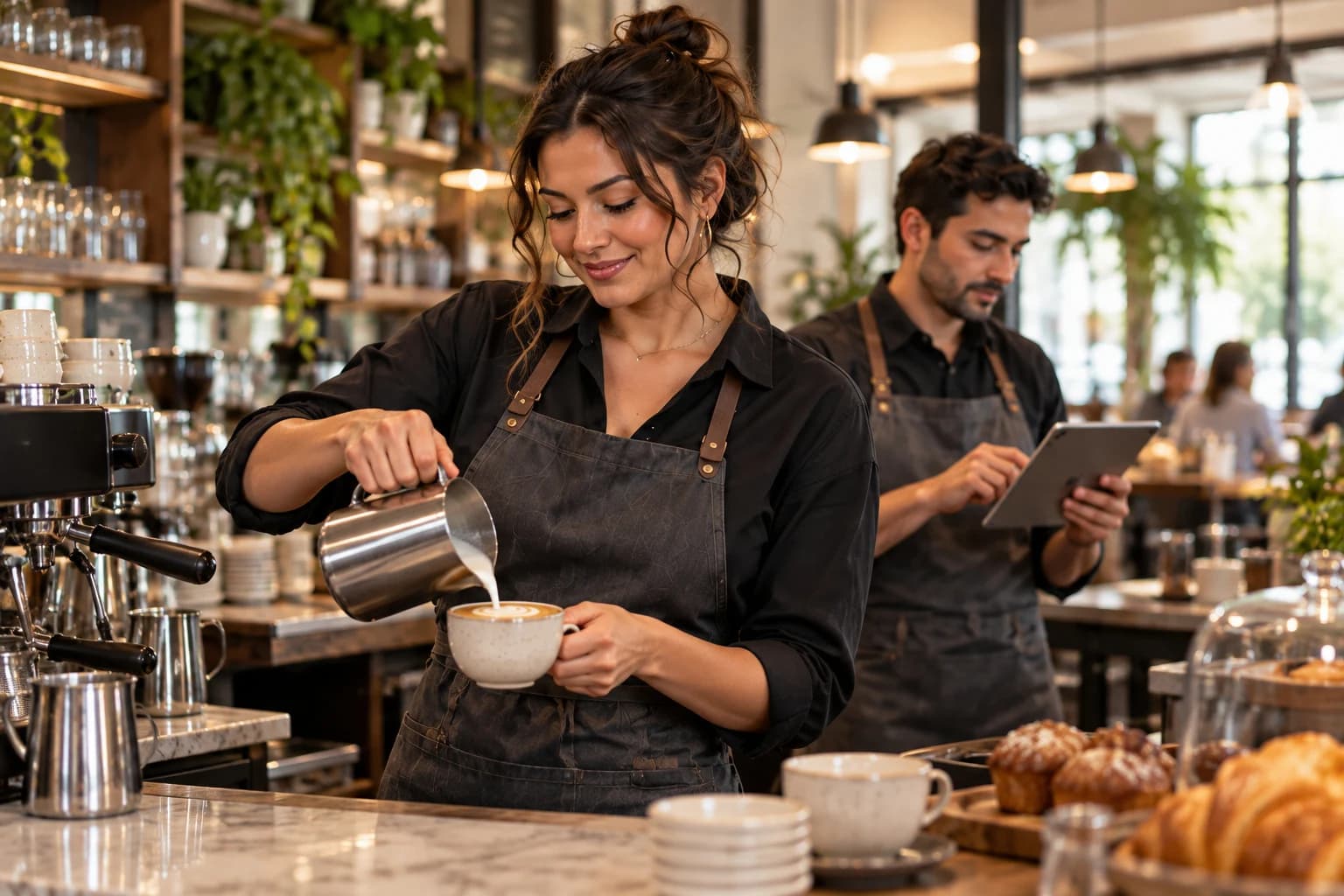 Barista preparing coffee while a colleague uses a tablet at the counter